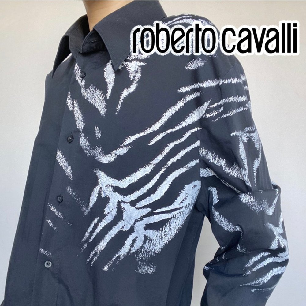 JUST CAVALLI BLACK DRESS SHIRT W/ ZEBRA DETAIL 🦓